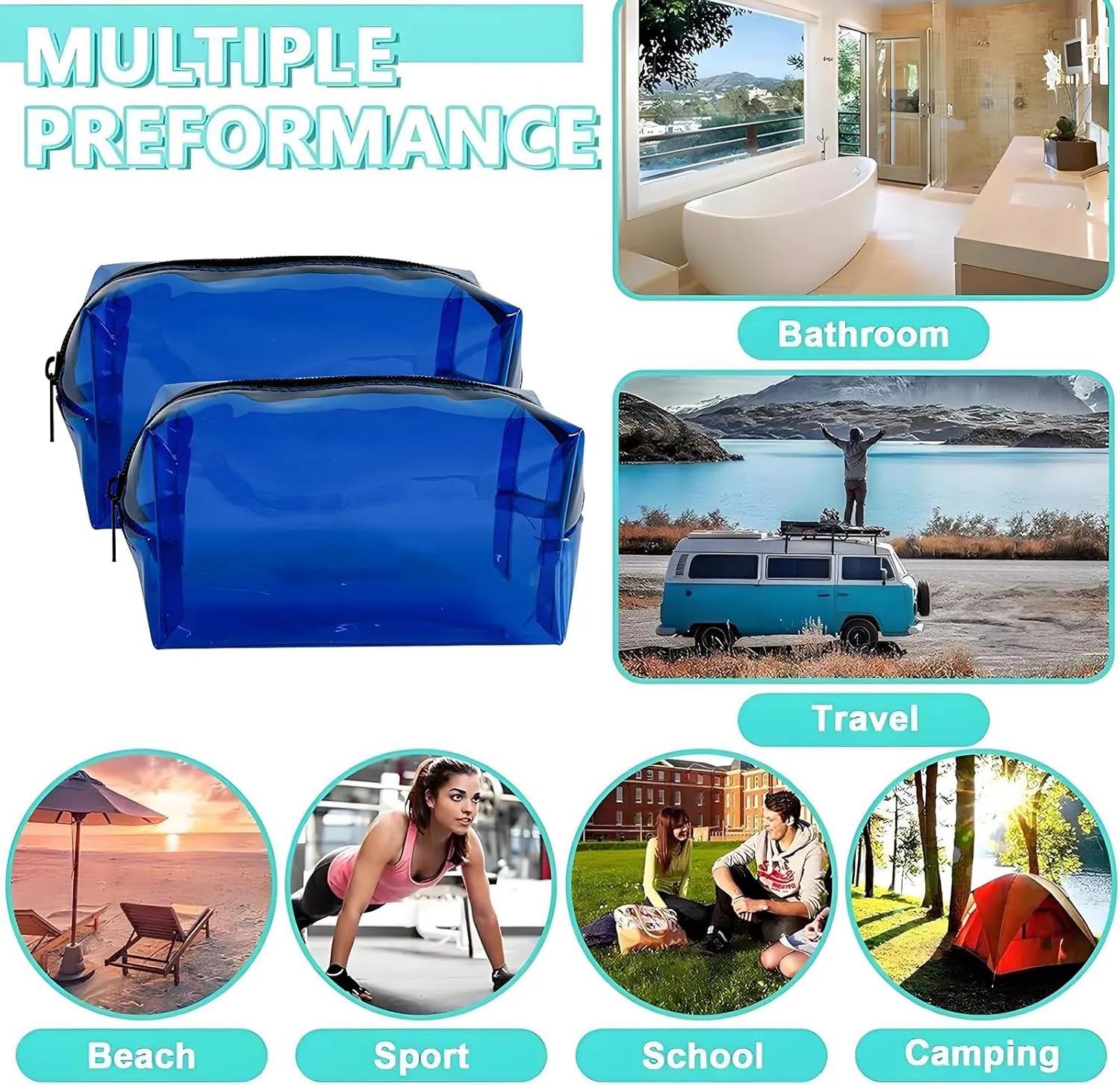 TSA Approved Clear PVC Toiletry Organizer Bag 2Pcs Multipurpose Transparent Pure Colour Travel Makeup Cosmetic Bag for Essentials (blue)
