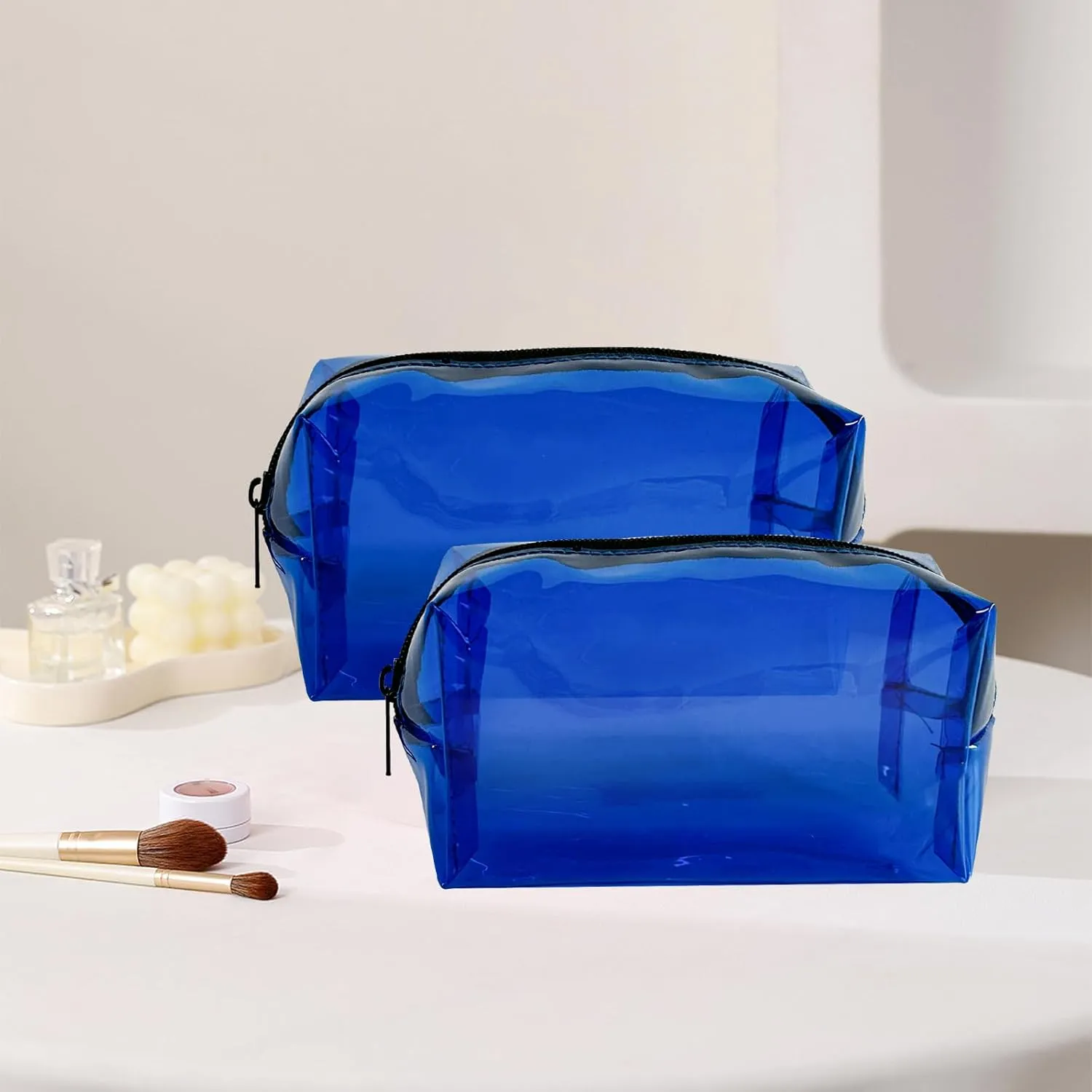 TSA Approved Clear PVC Toiletry Organizer Bag 2Pcs Multipurpose Transparent Pure Colour Travel Makeup Cosmetic Bag for Essentials (blue)