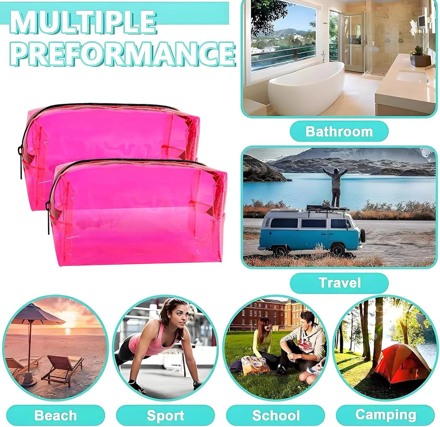 TSA Approved Clear PVC Toiletry Organizer Bag 2Pcs Multipurpose Transparent Pure Colour Travel Makeup Cosmetic Bag for Essentials (pink)