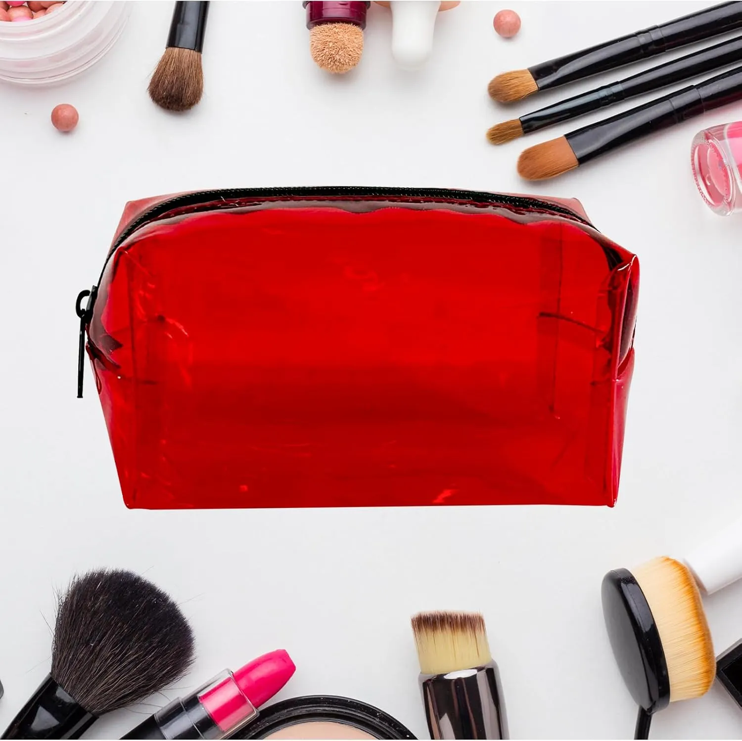 TSA Approved Clear PVC Toiletry Organizer Bag 2Pcs Multipurpose Transparent Pure Colour Travel Makeup Cosmetic Bag for Essentials (red)