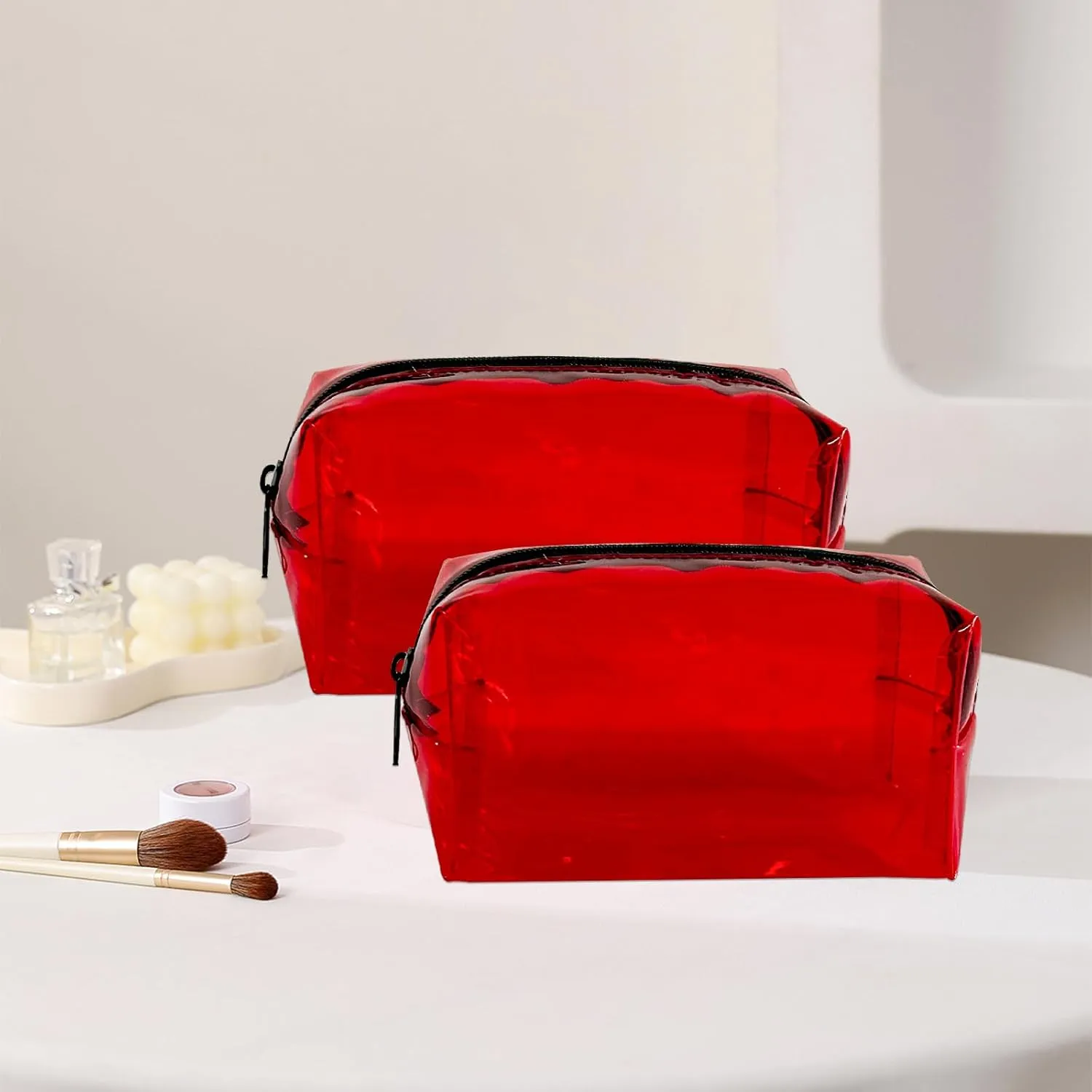 TSA Approved Clear PVC Toiletry Organizer Bag 2Pcs Multipurpose Transparent Pure Colour Travel Makeup Cosmetic Bag for Essentials (red)