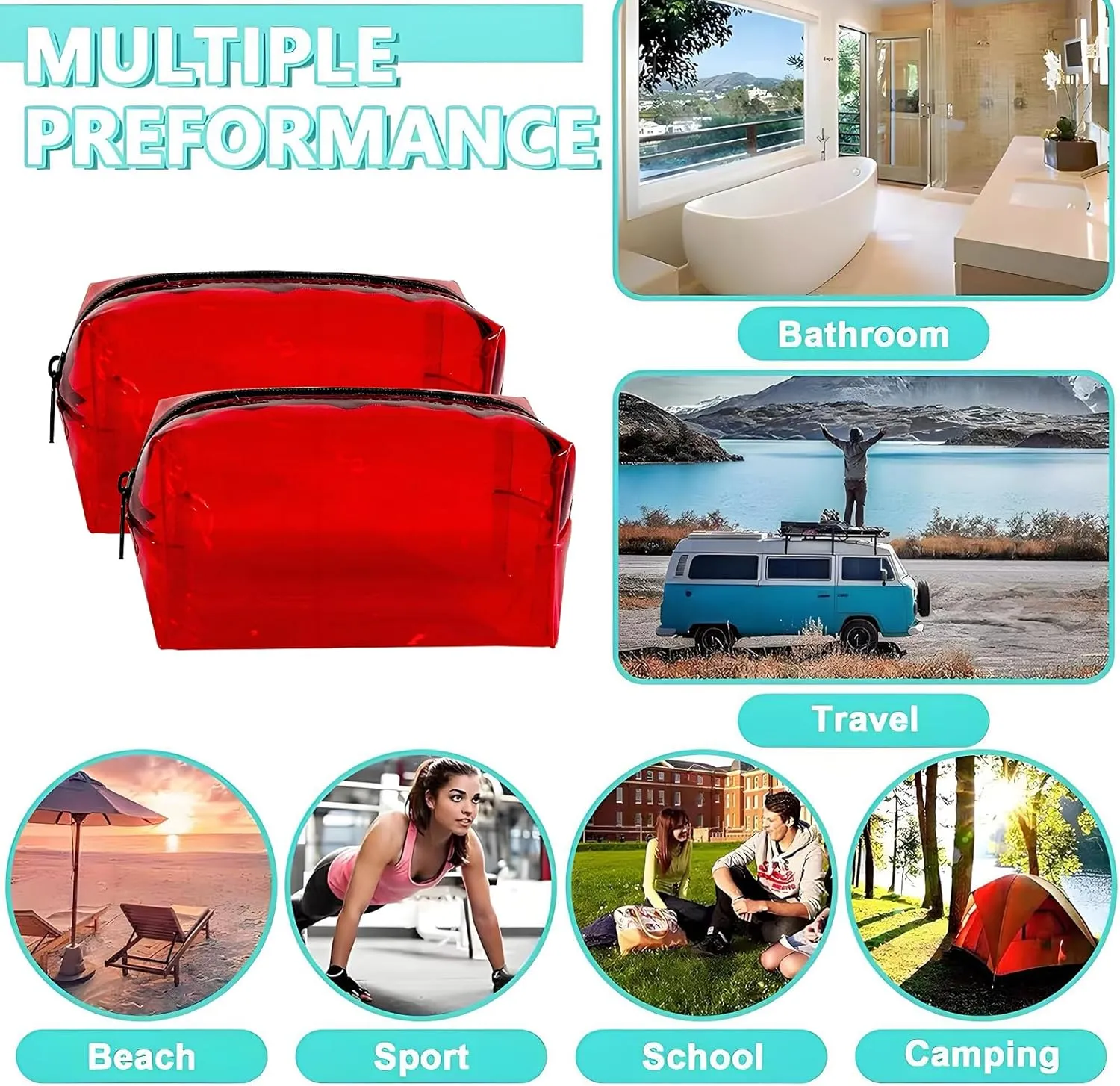 TSA Approved Clear PVC Toiletry Organizer Bag 2Pcs Multipurpose Transparent Pure Colour Travel Makeup Cosmetic Bag for Essentials (red)