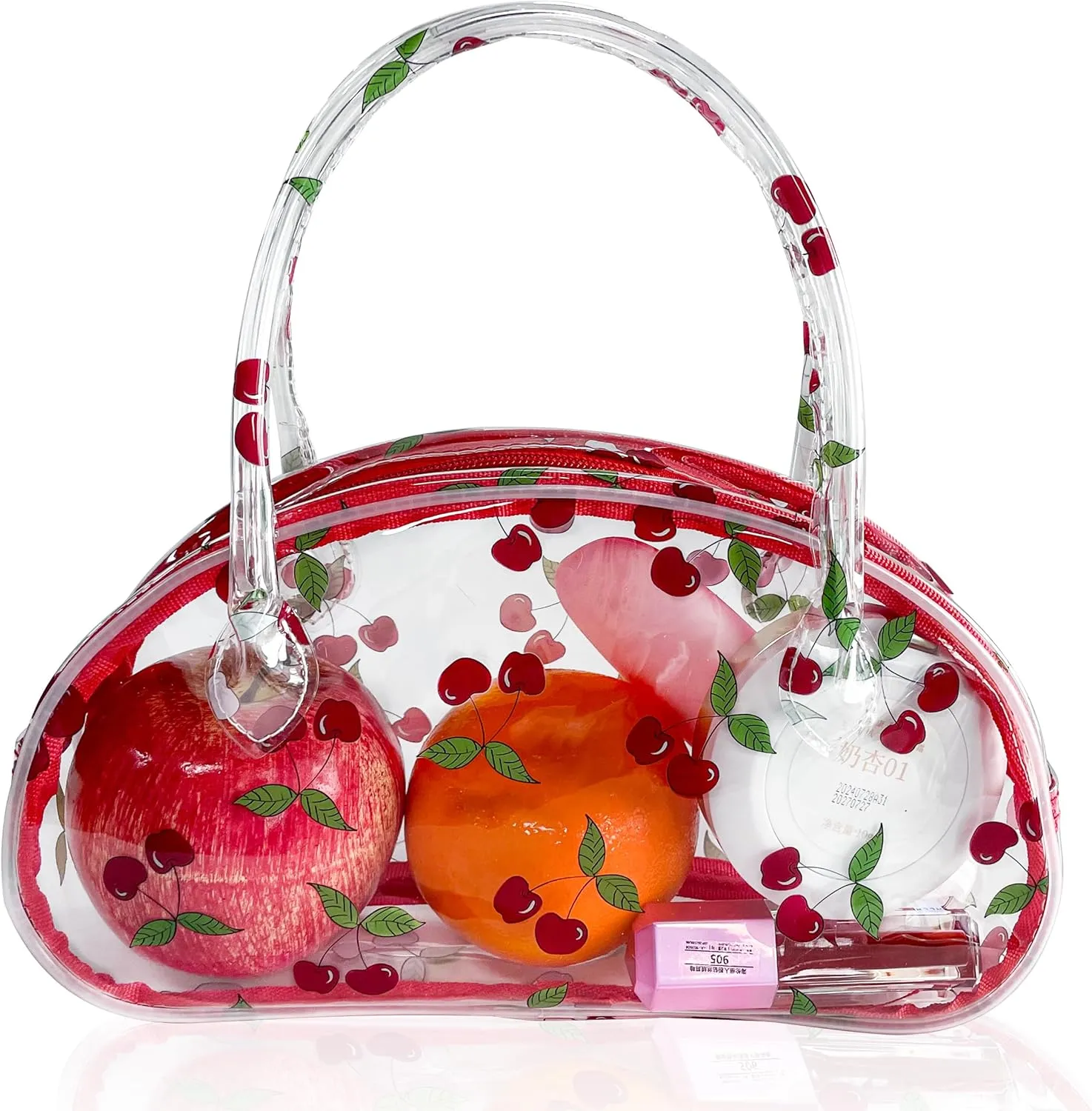 Versatile Travel Zipper Cosmetic Bag,Portable Handle PVC Pouch Waterproof Ideal for Travelling&Daily Use in Beauty&Personal Care (Cherry)
