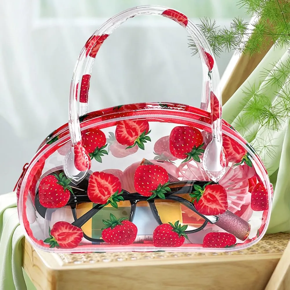 Versatile Travel Zipper Cosmetic Bag,Portable Handle PVC Pouch Waterproof Ideal for Travelling&Daily Use in Beauty&Personal Care (Strawberry 2)