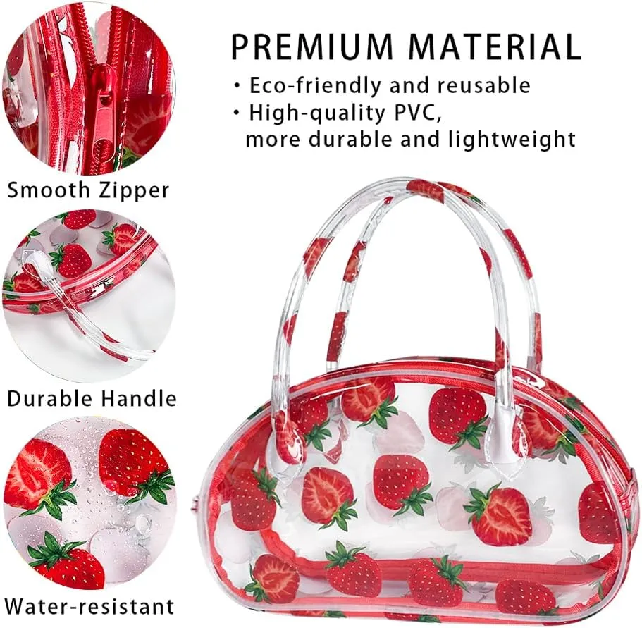 Versatile Travel Zipper Cosmetic Bag,Portable Handle PVC Pouch Waterproof Ideal for Travelling&Daily Use in Beauty&Personal Care (Strawberry 2)