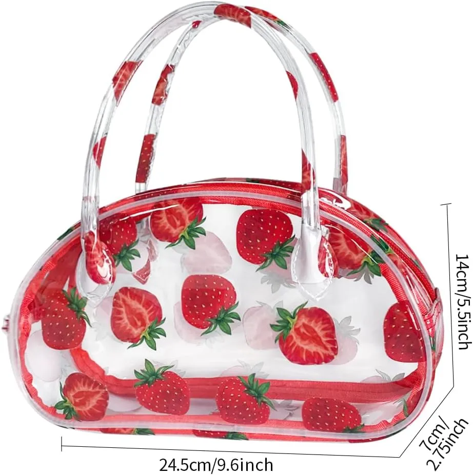 Versatile Travel Zipper Cosmetic Bag,Portable Handle PVC Pouch Waterproof Ideal for Travelling&Daily Use in Beauty&Personal Care (Strawberry 2)