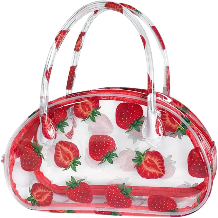 Versatile Travel Zipper Cosmetic Bag,Portable Handle PVC Pouch Waterproof Ideal for Travelling&Daily Use in Beauty&Personal Care (Strawberry 2)
