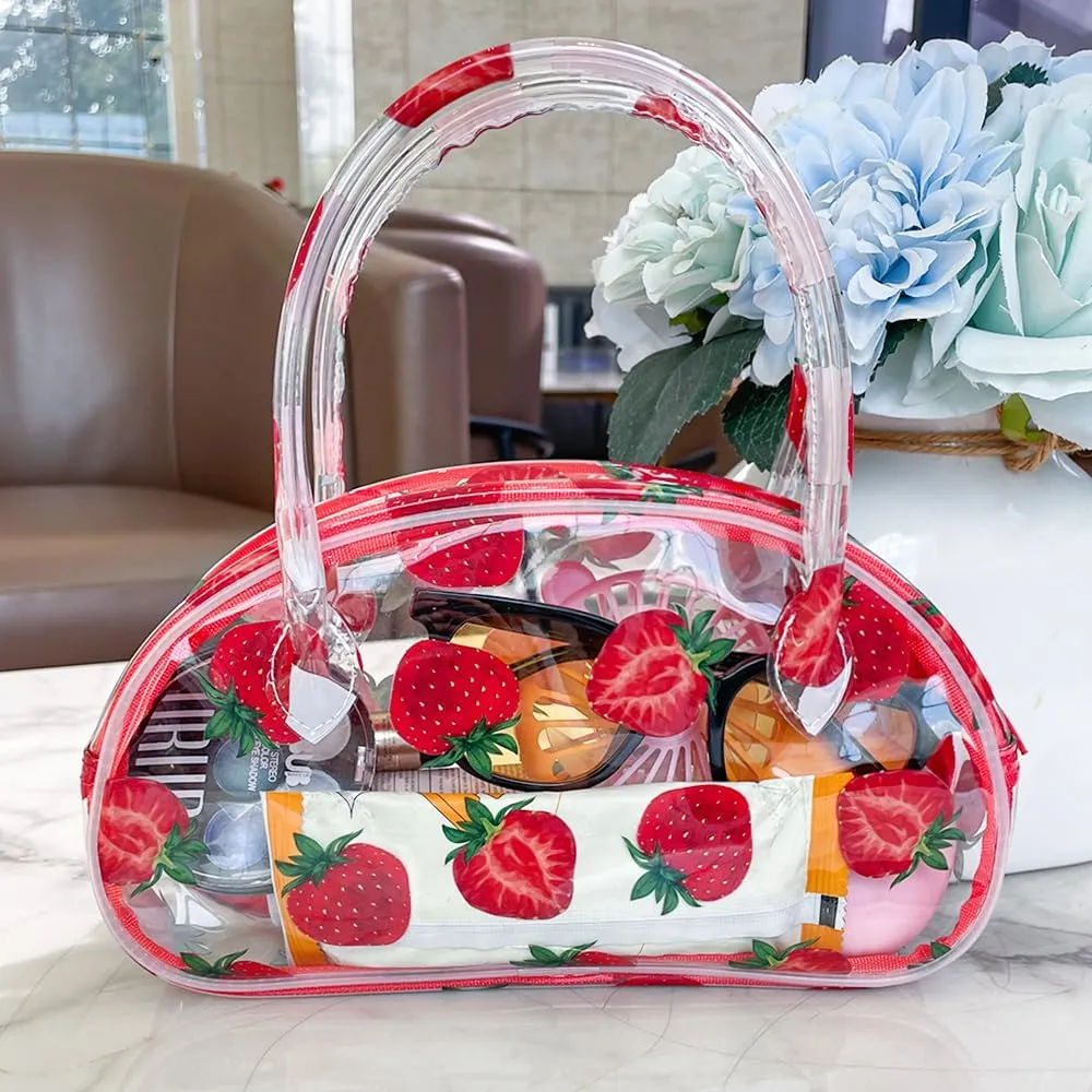 Versatile Travel Zipper Cosmetic Bag,Portable Handle PVC Pouch Waterproof Ideal for Travelling&Daily Use in Beauty&Personal Care (Strawberry 2)
