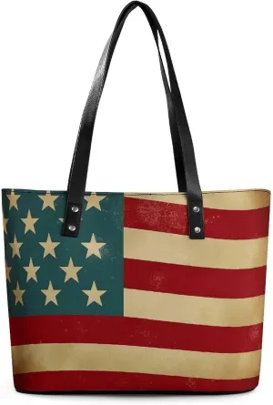 Vintage American Flag 4Th of July USA Leather Lady's Handbag Crossbody Purse for Women Ladies Soft Shoulder Bag Medium Roomy Handbag Fashion Tote Top Handle Satchel