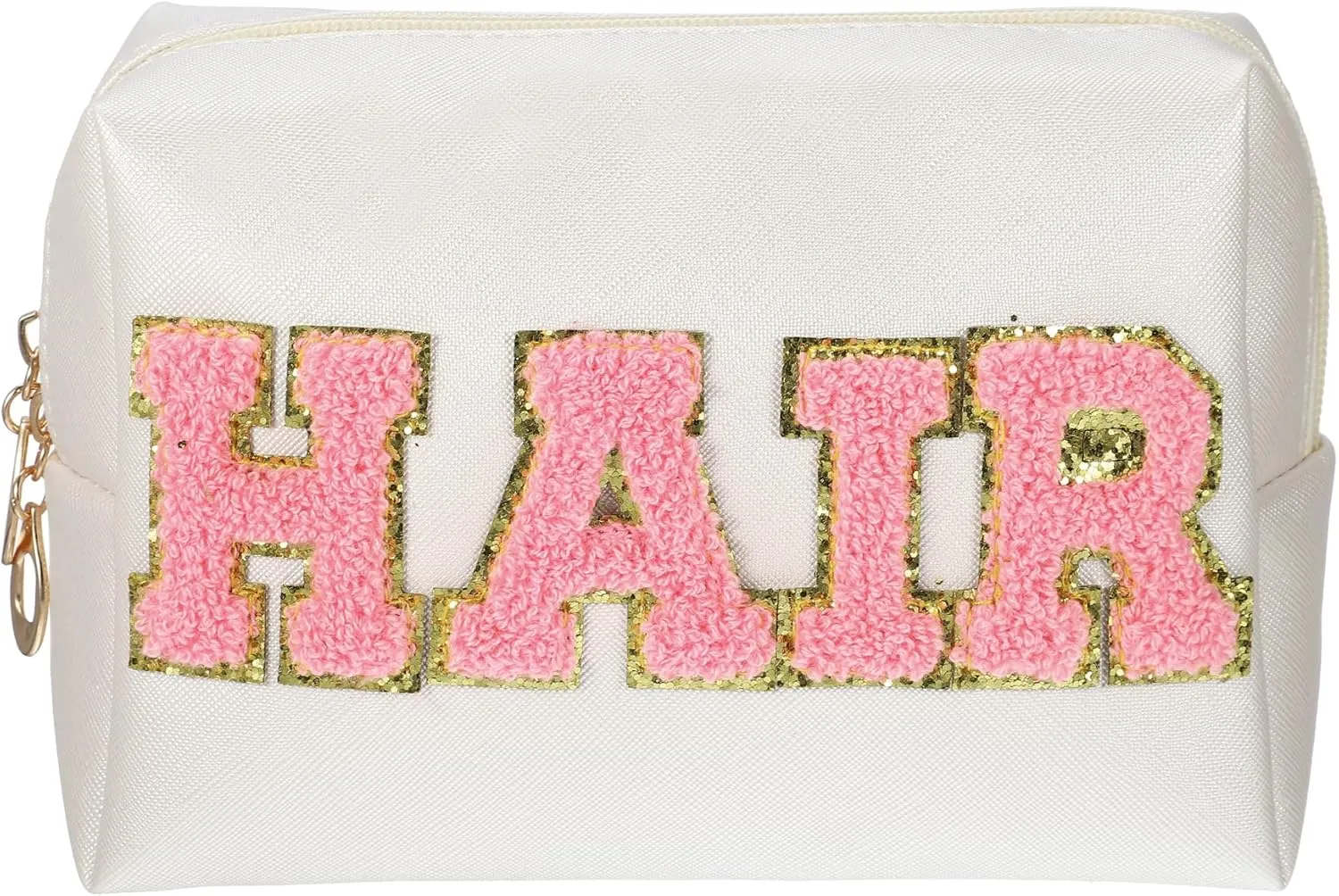 VOCOSTE HAIR Make Up Bag, PU Leather Cosmetic Bag, Travel Large Makeup Bag Organizer Makeup Pouch Chenille Letter Makeup Bags Toiletry Pouch Storage Purse for Women, White