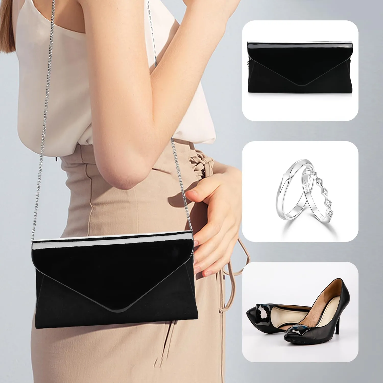 WALLYN'S Patent Leather Clutch Classic Purse Evening Bag Handbag With Flannelette
