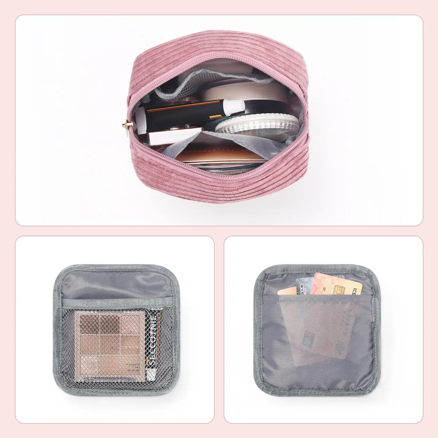 WantGor Small Corduroy Makeup Bag, Mini Cosmetic Storage Bags Coin Purse Zipper Pouch Travel Cosmetic Bag Lipstick Hair Accessories Organizers for Women (Pink)