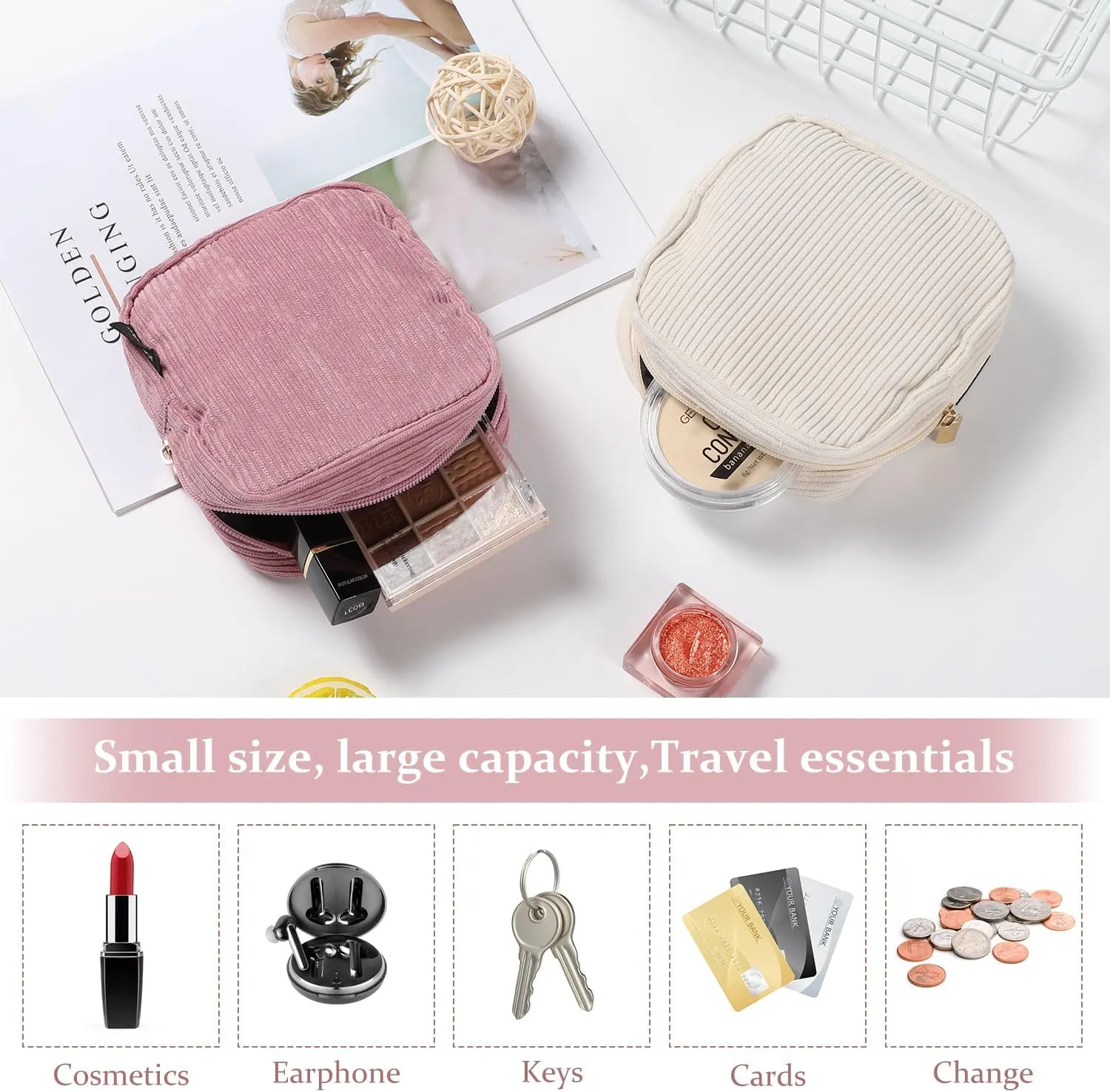 WantGor Small Corduroy Makeup Bag, Mini Cosmetic Storage Bags Coin Purse Zipper Pouch Travel Cosmetic Bag Lipstick Hair Accessories Organizers for Women (Pink)