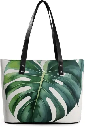Watercolor Monstera Leaf Leather Lady's Handbag Crossbody Purse for Women Ladies Soft Shoulder Bag Medium Roomy Handbag Fashion Tote Top Handle Satchel