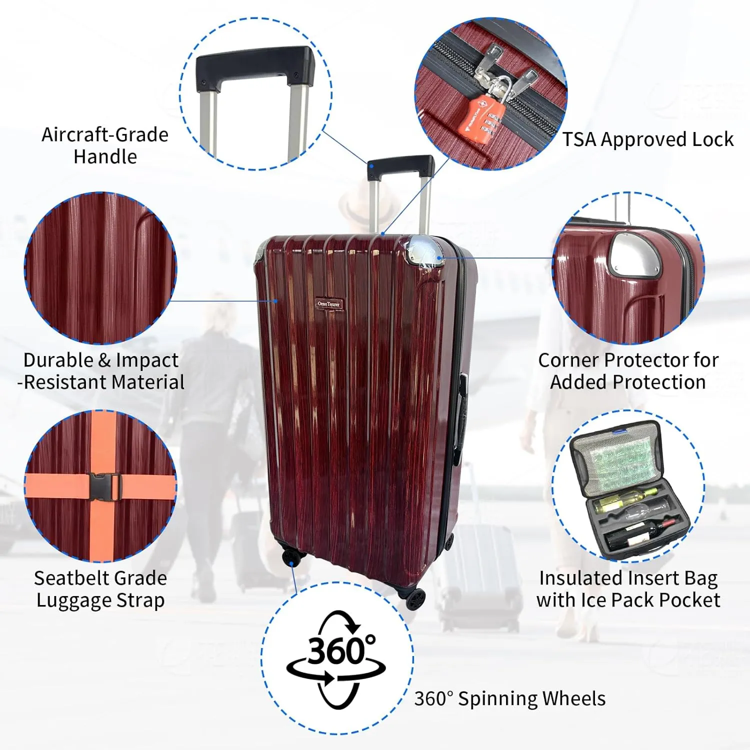 Wine Suitcase for Airplanes 12 Bottle,Wine Suitcase with TSA Lock,Insulated Insert Bag with Ice Pack Pocket,Luggage for Airplane Travel for Lover Professional Gift (Burgundy)