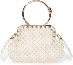 Women Pearl Beaded Wallet Clutch Handle Bag Evening HandBag Metal Clusure with Strap for Wedding Party