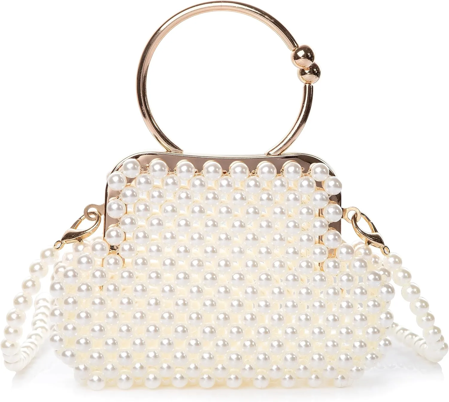 Women Pearl Beaded Wallet Clutch Handle Bag Evening HandBag Metal Clusure with Strap for Wedding Party