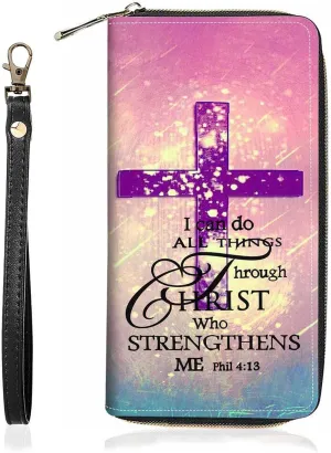Women's Christian Cross Bible Verse Phil 4:13 Print PU Leather Zipper Wallet, Compact, Slim, Large Capacity, 8 Card Slots, Purple