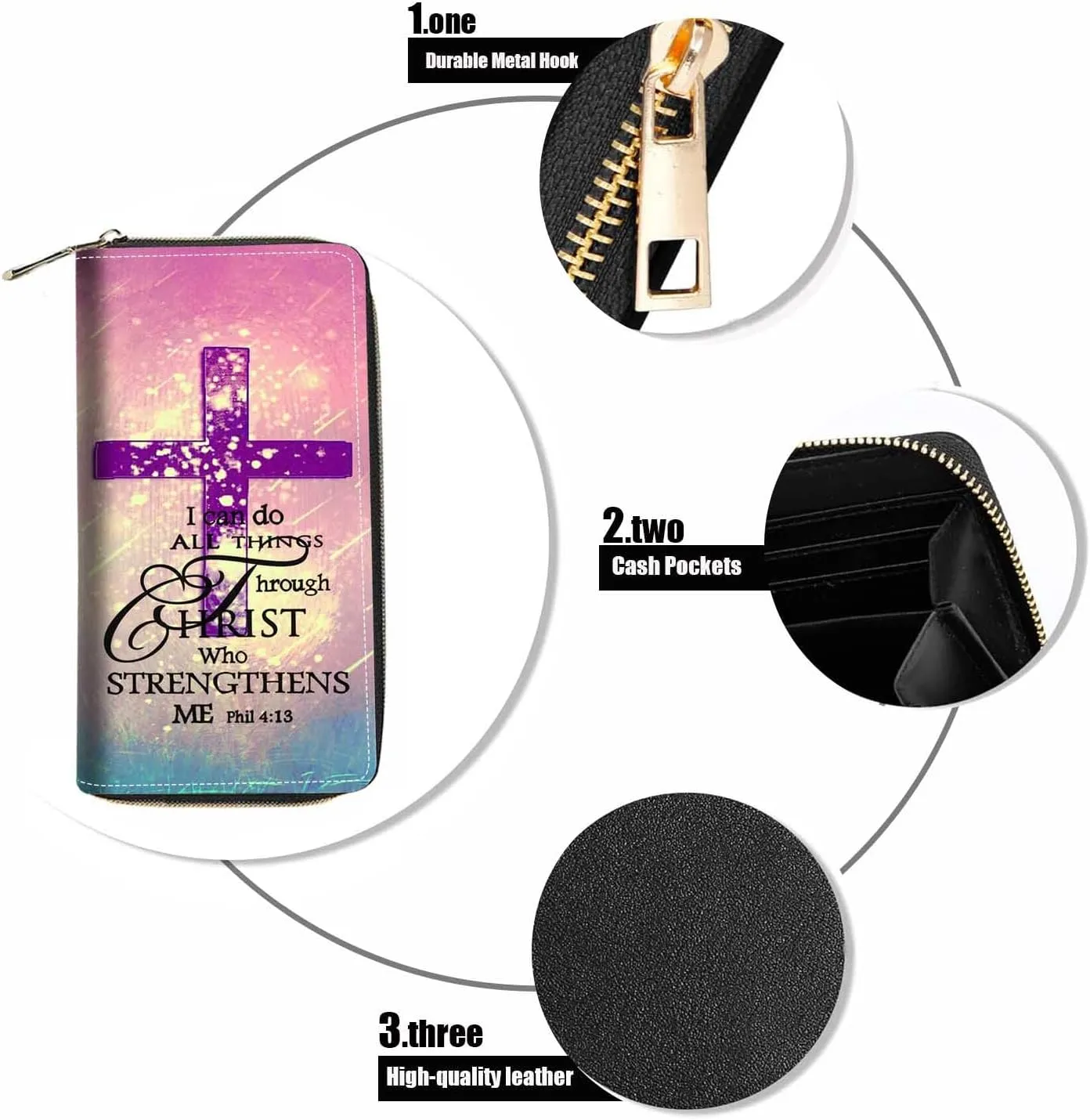 Women's Christian Cross Bible Verse Phil 4:13 Print PU Leather Zipper Wallet, Compact, Slim, Large Capacity, 8 Card Slots, Purple