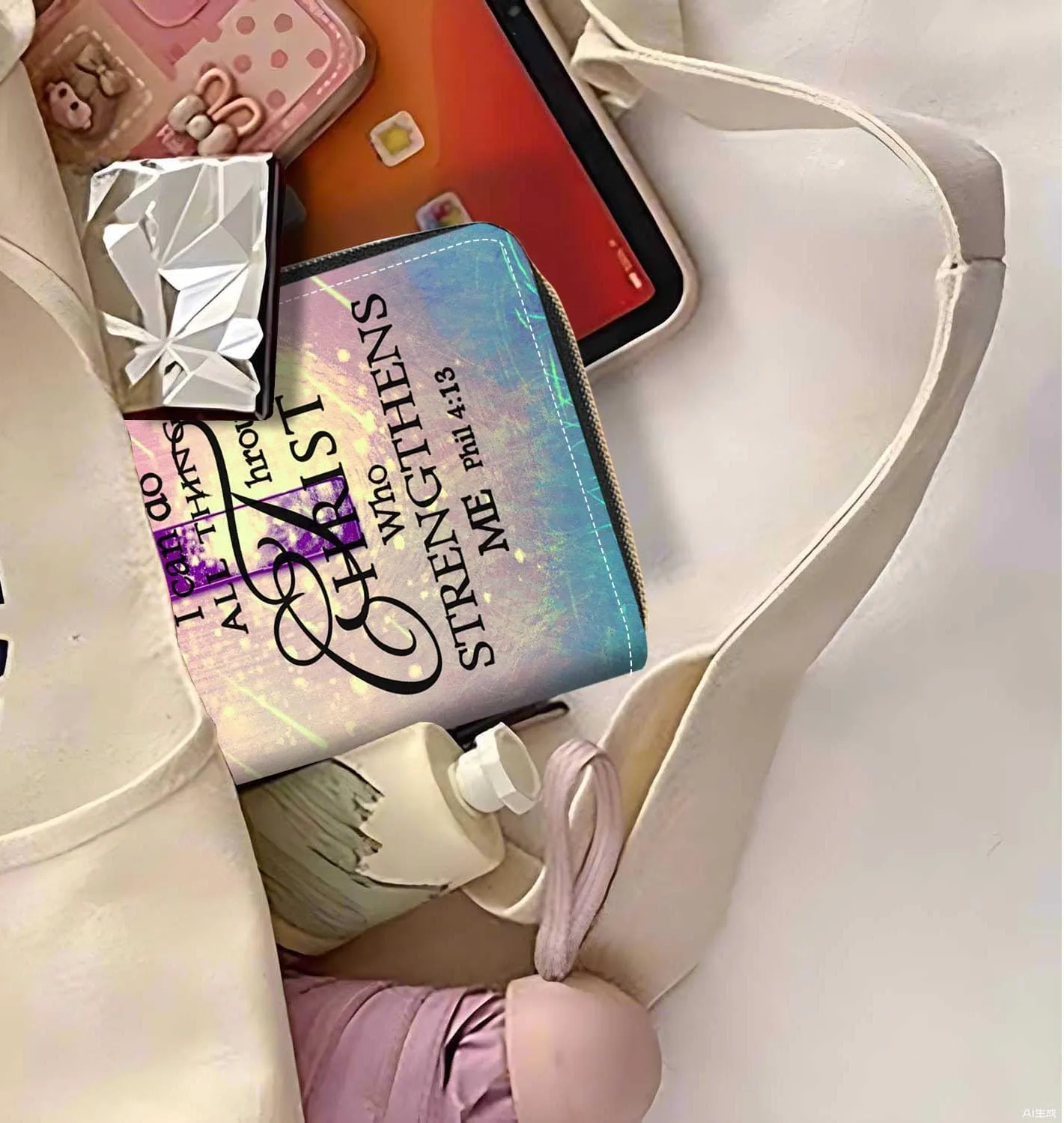 Women's Christian Cross Bible Verse Phil 4:13 Print PU Leather Zipper Wallet, Compact, Slim, Large Capacity, 8 Card Slots, Purple