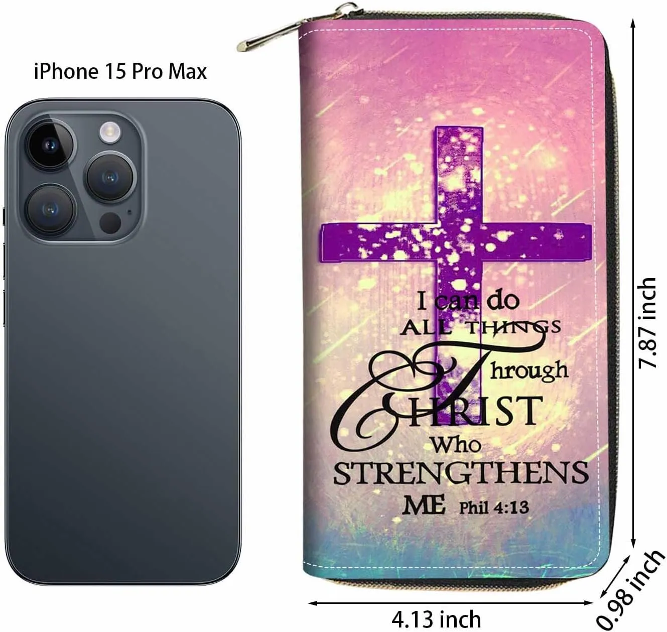 Women's Christian Cross Bible Verse Phil 4:13 Print PU Leather Zipper Wallet, Compact, Slim, Large Capacity, 8 Card Slots, Purple
