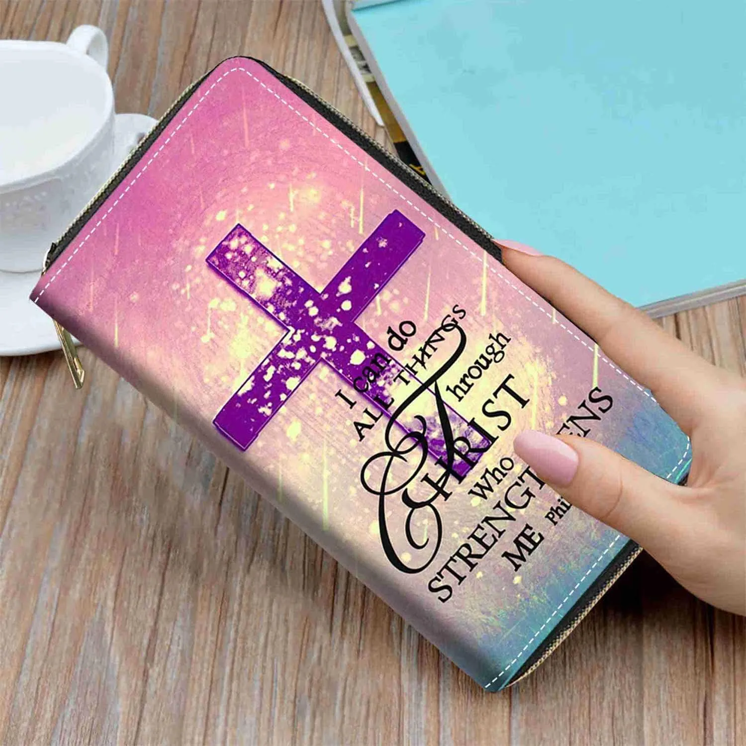 Women's Christian Cross Bible Verse Phil 4:13 Print PU Leather Zipper Wallet, Compact, Slim, Large Capacity, 8 Card Slots, Purple