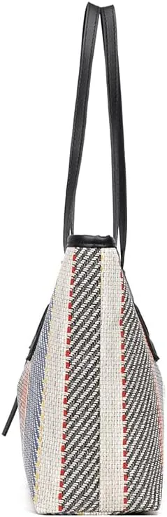 Women's Large Capacity Striped Tote Bag Trendy Color Stripe Work Travel Satchel Handbag Contrast Hobo Shoulder Purse (Black)
