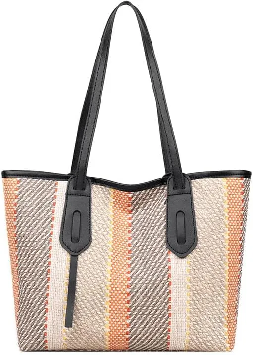 Women's Large Capacity Striped Tote Bag Trendy Color Stripe Work Travel Satchel Handbag Contrast Hobo Shoulder Purse (Black)