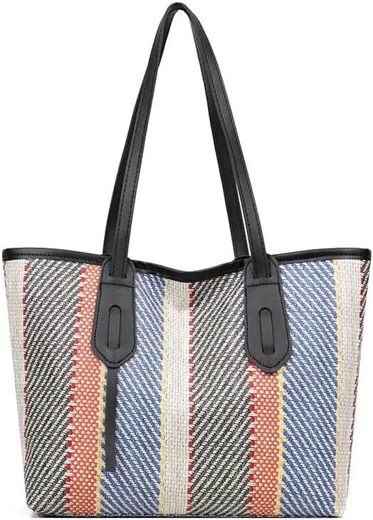 Women's Large Capacity Striped Tote Bag Trendy Color Stripe Work Travel Satchel Handbag Contrast Hobo Shoulder Purse (Black)