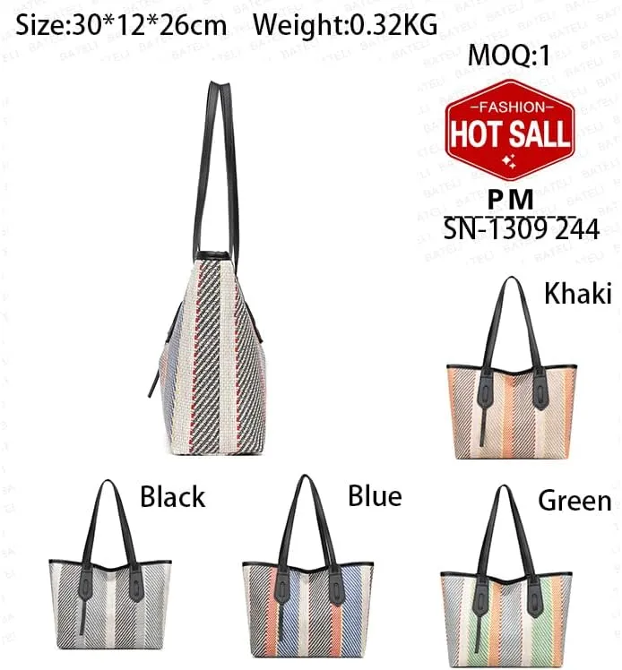 Women's Large Capacity Striped Tote Bag Trendy Color Stripe Work Travel Satchel Handbag Contrast Hobo Shoulder Purse (Black)