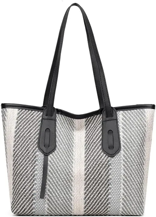 Women's Large Capacity Striped Tote Bag Trendy Color Stripe Work Travel Satchel Handbag Contrast Hobo Shoulder Purse (Black)