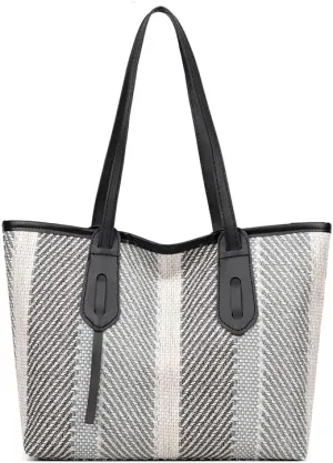 Women's Large Capacity Striped Tote Bag Trendy Color Stripe Work Travel Satchel Handbag Contrast Hobo Shoulder Purse (Black)
