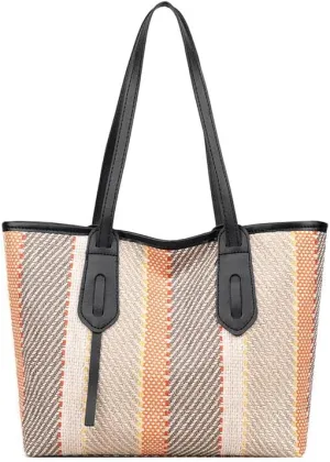 Women's Large Capacity Striped Tote Bag Trendy Color Stripe Work Travel Satchel Handbag Contrast Hobo Shoulder Purse (Black)