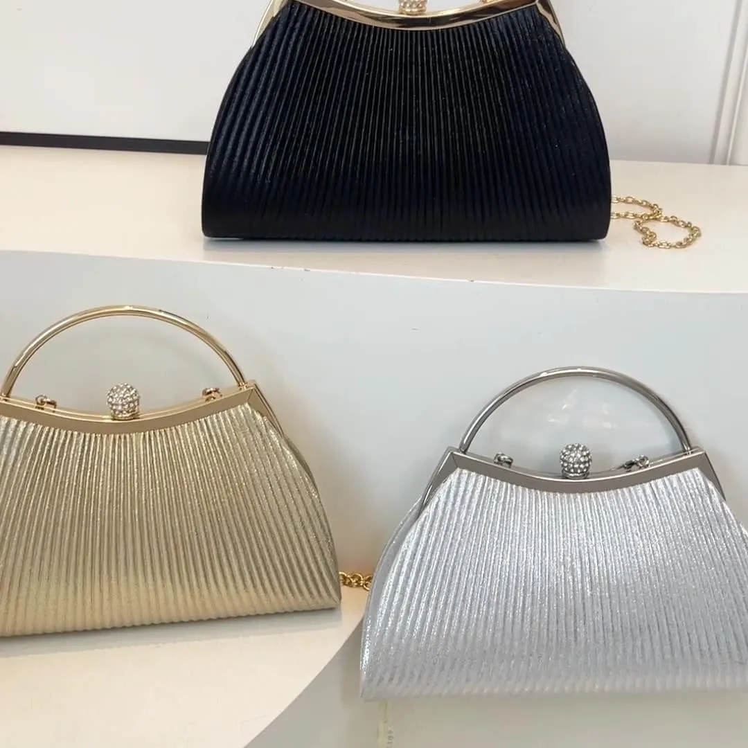 Women's Pleated Clutch Bag Evening Bags With Detachable Chain Strap Crystal Embellishment for Cocktail Party Wedding