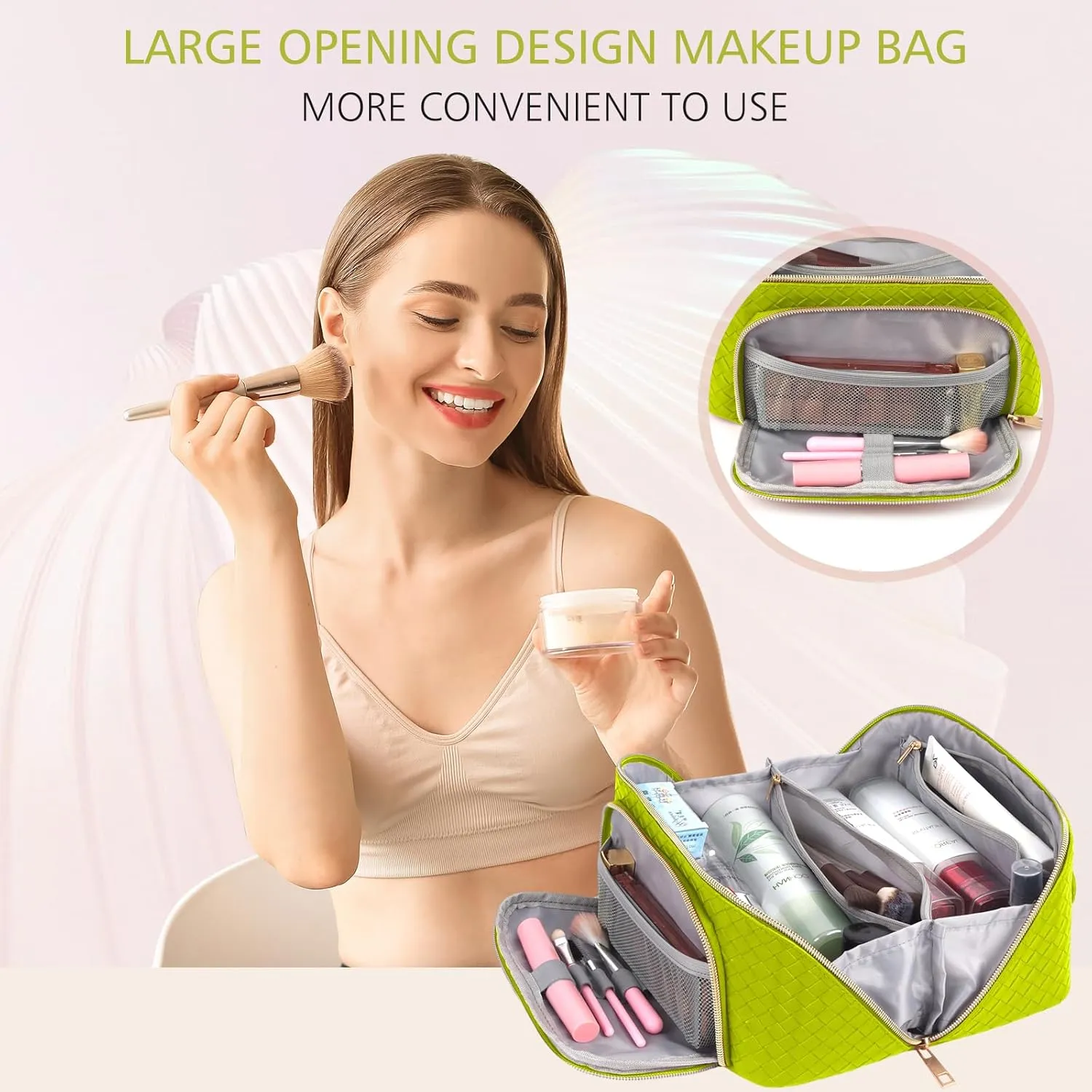 ZAUKNYA Makeup Bag - Large Capacity Travel Cosmetic BagMakeup Bag for Women PU Leather Waterproof Portable Pouch Open Flat Make Up Bag Organizer with Divider and Handle(ZY-yellow lemon)