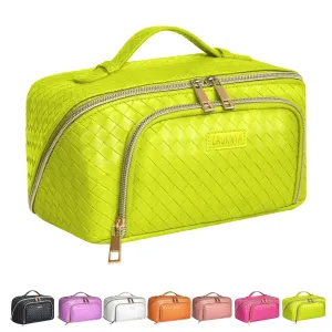 ZAUKNYA Makeup Bag - Large Capacity Travel Cosmetic BagMakeup Bag for Women PU Leather Waterproof Portable Pouch Open Flat Make Up Bag Organizer with Divider and Handle(ZY-yellow lemon)