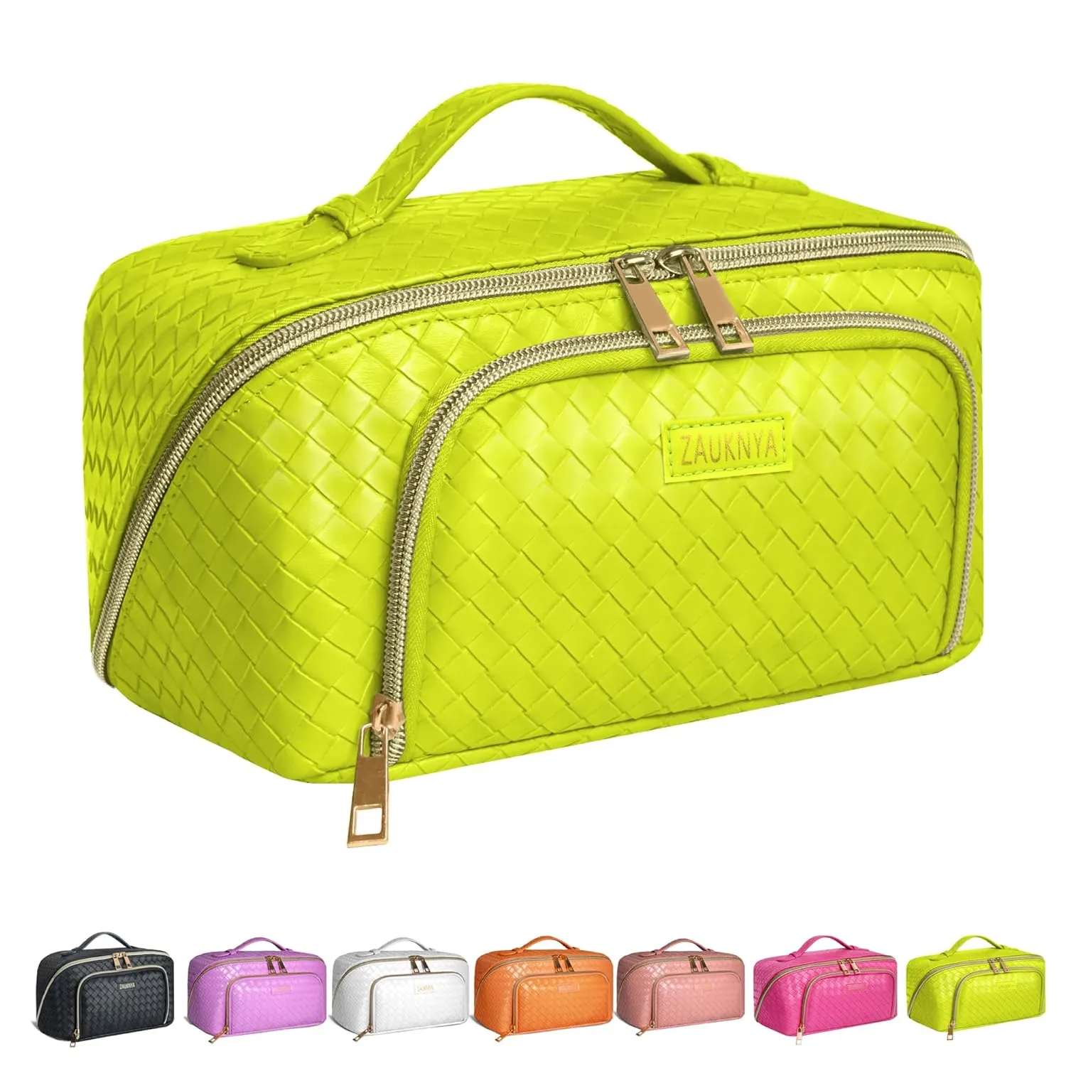 ZAUKNYA Makeup Bag - Large Capacity Travel Cosmetic BagMakeup Bag for Women PU Leather Waterproof Portable Pouch Open Flat Make Up Bag Organizer with Divider and Handle(ZY-yellow lemon)